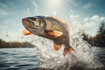 Fototapeta premium Close up of Fish jumping over the surface water in lake with splashing of water and beautiful sky background, fishing on lake concept.
