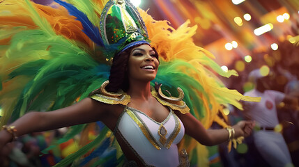 Carnival festival and group of ladies in creative outfits in Rio de Janeiro. Beautiful samba dancers performing in a carnival with their band.