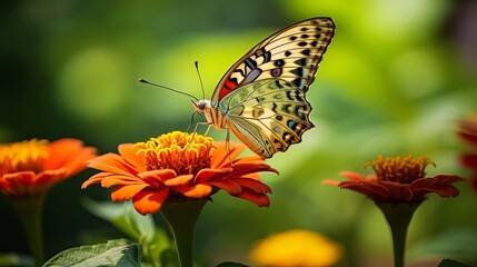 A butterfly is on a flower that has a green background