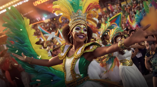 Carnival festival and group of ladies in creative outfits in Rio de Janeiro. Beautiful samba dancers performing in a carnival with their band.