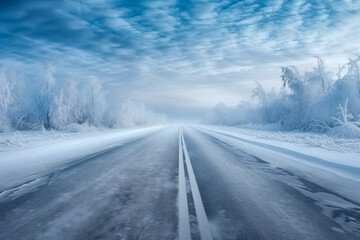 Snowy winter road in a forest. Beautiful winter landscape. Cold landscape of Lapland. Europe forest.   Roadway and route snowy street trip. Driving