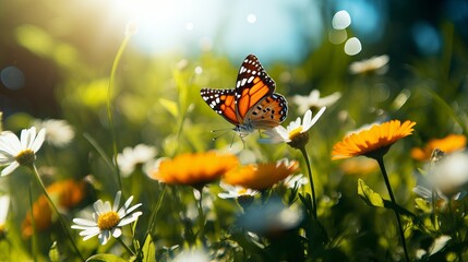 A summer day with the sun shining outside on a meadow brings to life a beautiful and colorful butterfly that is sitting on a flower.