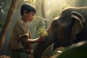 Boy elephant hug. Lonely little kid meets wild and funny animal jungle. Generate AI