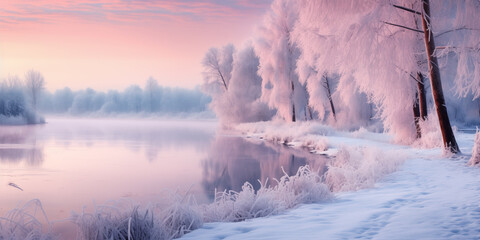 Christmas lace. Winter landscape in pink tones.Mostly calm winter river, surrounded by trees covered with hoarfrost and snow that falls on a beautiful pink morning light.	