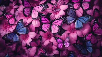 The background is adorned with tropical pink butterflies