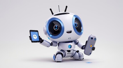 small robot holding phones