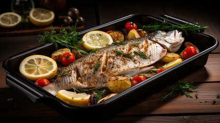 Baked a lemony and herb-infused fish dorado in a baking pan.