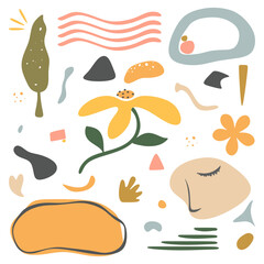 Set of hand drawn various abstract shapes. Doodle drawing of organic shapes and objects for decoration isolated on white background. Contemporary modern trendy graphic elements. Vector illustration