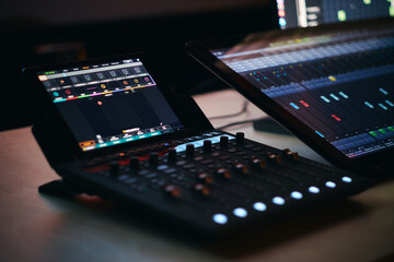 Mixing console at recording studio