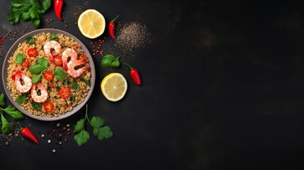 In the top view, free space is available for your text due to the bulgur with shrimp, mussels, and vegetables on the old background.