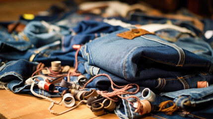 Handbags made from old jeans on a dressmaker table. DIY, denim upcycling, using old jeans, upcycle denim stuff. Sustainable lifestyle, hobby, crafting, recycling, zero waste concept 