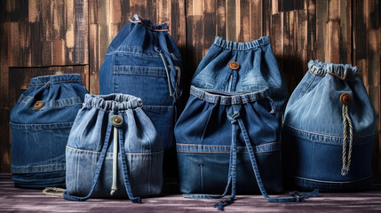 Handbags made from old jeans on a dressmaker table. DIY, denim upcycling, using old jeans, upcycle denim stuff. Sustainable lifestyle, hobby, crafting, recycling, zero waste concept 