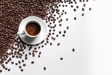 Top view of white coffee cup with scattered coffee beans, on white background with copy-space