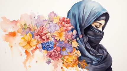 Watercolor drawing of a Muslim woman's profile and colorful, delicate flowers. Tender watercolor portrait of a woman. A young Muslim woman wearing a hijab with her face covered. 