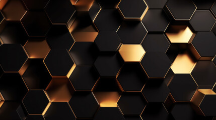 Luxury hexagonal abstract black metal background with golden light lines. Dark 3d geometric texture illustration. Bright grid pattern