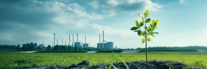 Green tree next to an industrial plant that pollutes the environment