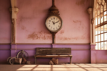 Old empty trainstation with wooden bench and clocks - obrazy, fototapety, plakaty