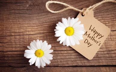 Obraz premium White daisy flowers and craft label tag for Mom on wooden background