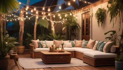 A tropical-inspired outdoor patio with rattan furniture ai generation
