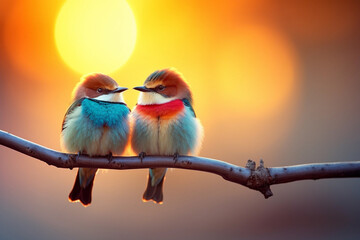 Couple of colorful bird, sitting together on branch in sunset