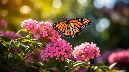 A garden surrounded by greenery is home to a monarch butterfly on a pink flower