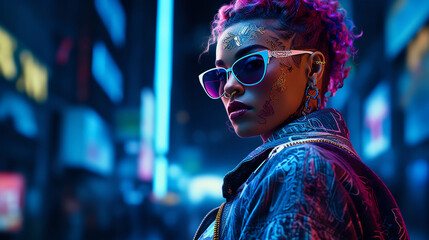Cyberpunk character portrait, neon-lit cityscape, reflective sunglasses, holographic tattoos, LED-lit undercut hairstyle
