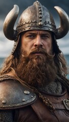  portrait of a viking with a mustache and beard and with a helmet that has horns