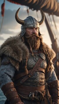  portrait of a viking with a mustache and beard and with a helmet that has horns