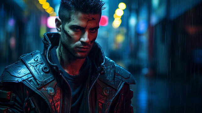 Cyberpunk street warrior portrait, neon-drenched alleyway, reflective rain-soaked asphalt, cybernetic implants glowing