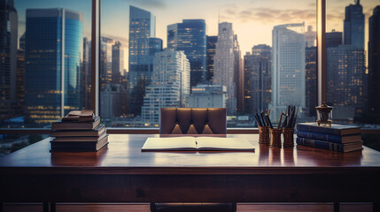 Business Leadership Office Desk with Cityscape in the Background - obrazy, fototapety, plakaty