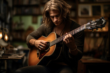 Obraz premium Musician with a Bohemian flair, strumming a vintage guitar, relaxed posture