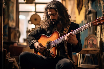 Fototapeta premium Musician with a Bohemian flair, strumming a vintage guitar, relaxed posture