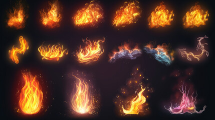 Set of burning fires of flames and sparks on solid background