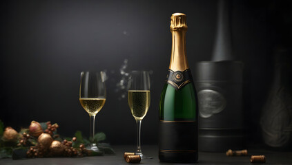 Commercial photography, champagne bottle in the black background with text space