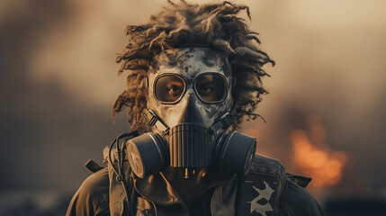Post-apocalyptic punk portrait, dystopian setting, gas mask, makeshift armor, tattered flag - obrazy, fototapety, plakaty