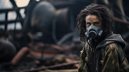 Post-apocalyptic punk portrait, dystopian setting, gas mask, makeshift armor, tattered flag