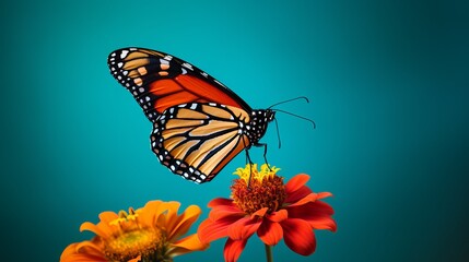 Fototapeta na wymiar The background is orange and mexican sunflower green with a monarch butterfly.