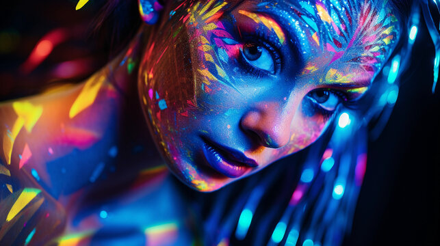 Rave culture ambassador, pulsating club lights, neon face paint, mesh and holographic fabrics - Powered by Adobe