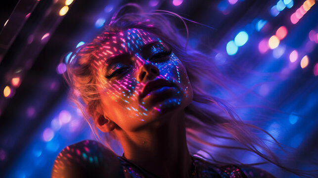 Rave culture ambassador, pulsating club lights, neon face paint, mesh and holographic fabrics - Powered by Adobe