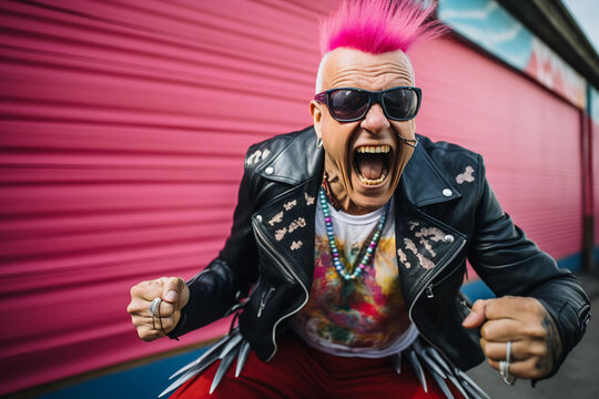 Punk rock explosion, vibrant mohawk, studded leather jacket, graffitied skate park backdrop, candid laugh