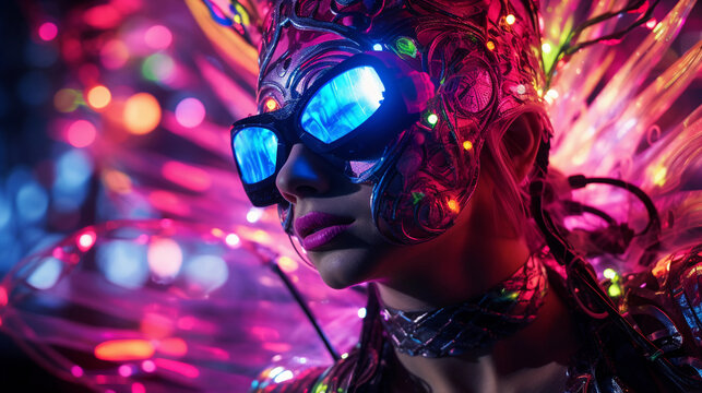 Rave culture ambassador, pulsating club lights, neon face paint, mesh and holographic fabrics - Powered by Adobe