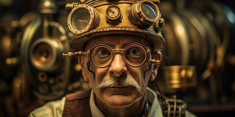 Steampunk inventor portrait, brass goggles atop head, intricate clockwork workshop