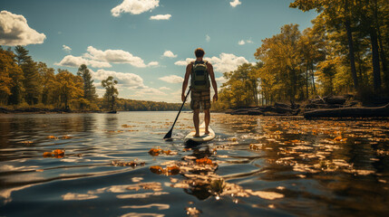 Calm Lake Retreat: Capture the Peaceful Beauty of Paddleboarding. Generative AI.