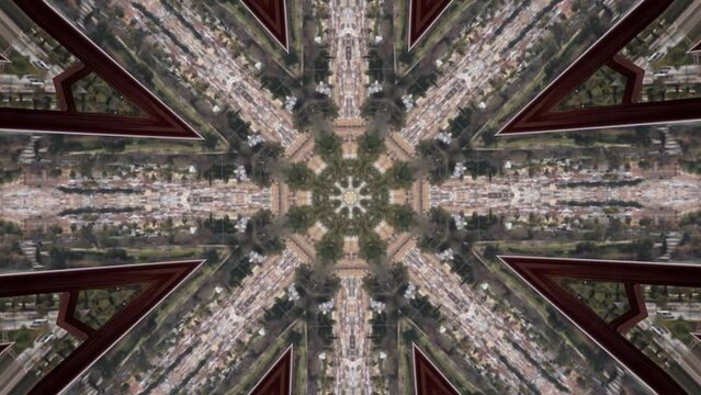 video en movimiento con forma de mandala o caleidoscopio formando zigzag y estrellas  que se mueven en varios colores como burdeos, rojos,blancos
