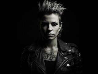 Fototapeta premium Anarchist punk portrait, darkened room, single spotlight, spiked collar, intense eyes