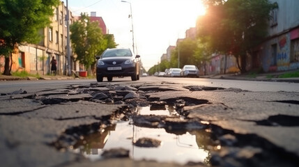 Very bad quality street with potholes. Damaged asphalt pavement road with potholes in city
