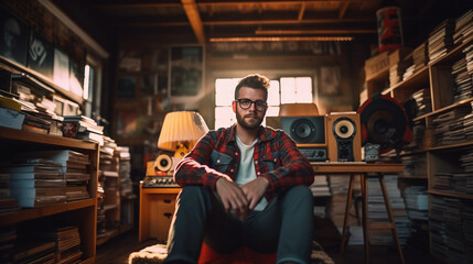 Artistic hipster portrait in a loft, male sitting on a retro chair, plaid shirt and suspenders, surrounded by vinyl record