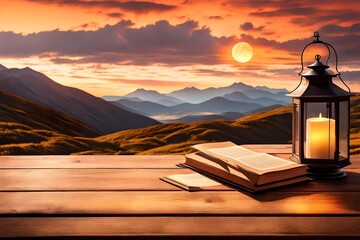 a weathered wooden table set against a mountainous backdrop during sunset, adorned with antique books and a flickering lantern