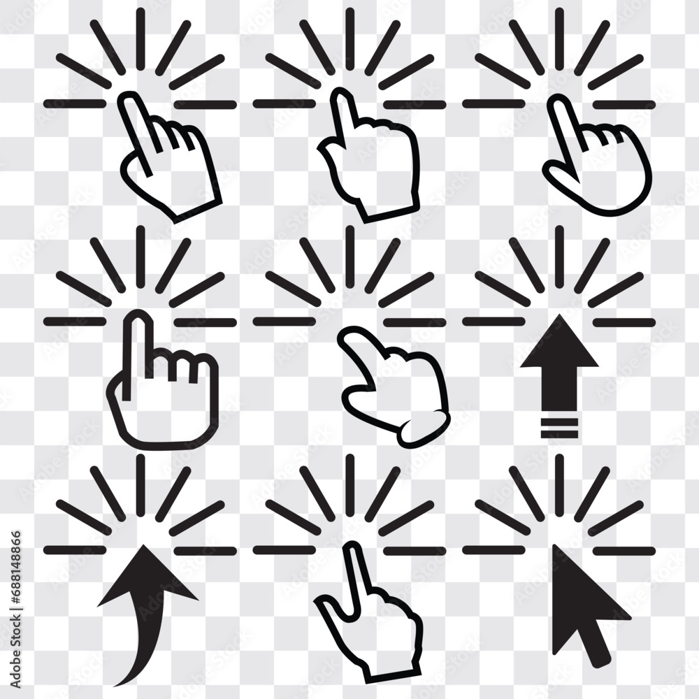 Poster 9 set hand click icon set. pointer icon vector. hand cursor icon vector.eps10