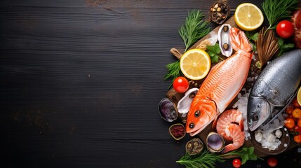 An aquarium background featuring salmon, tuna, caviar, oysters, dorado, fish, and shellfish surrounded by blue wooden panels with a view of the top of the fish.
